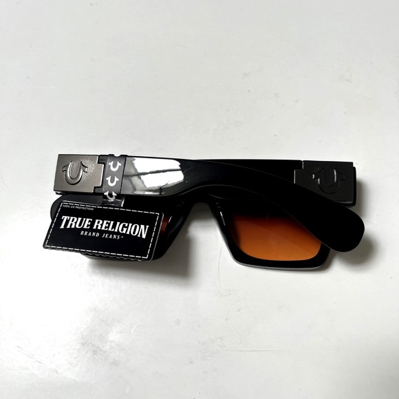 True Religion Square Sunglasses Amber Lens UV Protection NWT Acetate Black Wide - Picture 5 of 6